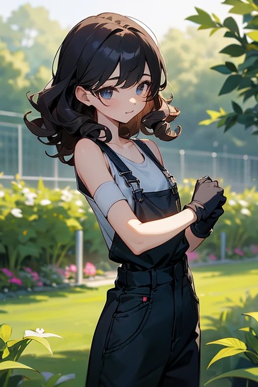 Slender beautiful girl、10th Generation、athlete、sleeveless Black T-shirt、Overalls、Off the shoulder、Gloves in hand、Curly Hair、Garden、Short stature、白いノースリーブのジップアップパーカー