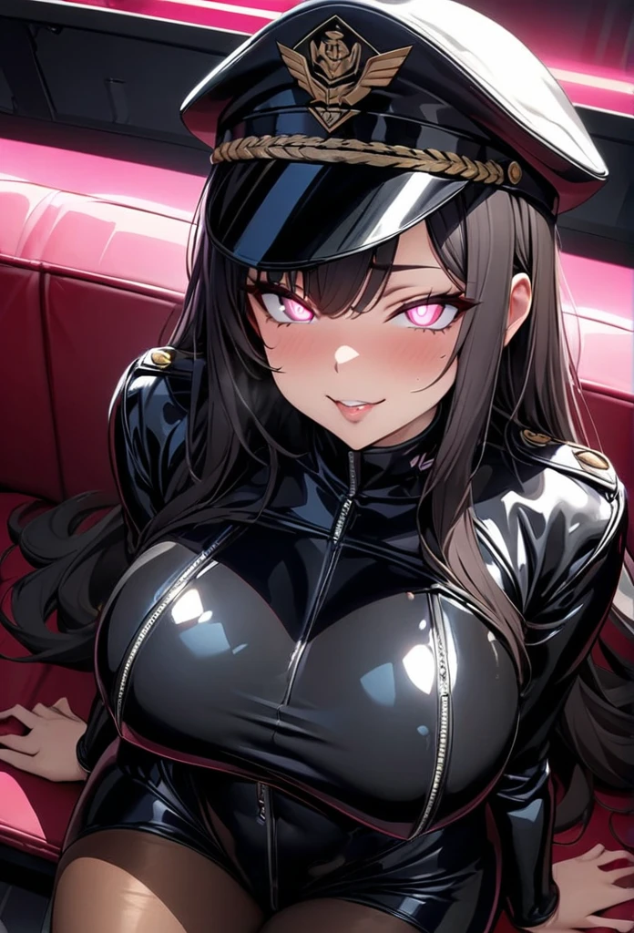 masterpiece, cute,tall,beautiful,best quality, 1lady,black hair,long hair,glowing eyes, (finely detailed empty pupils and detailed face),,,,extremely detailed cg unity 8k wallpaper,solo,(latex military costume:0.9),large breasts,seductive smile,military hat,latex thighhigh,large breasts,black hair,pink eyes,pink leotard,pantyhose,military coat,enamel suits,grossy lips,sitting,bust shot,sadistic smile,,heel,shiny skin,military coat,detailed face,beautiful body,