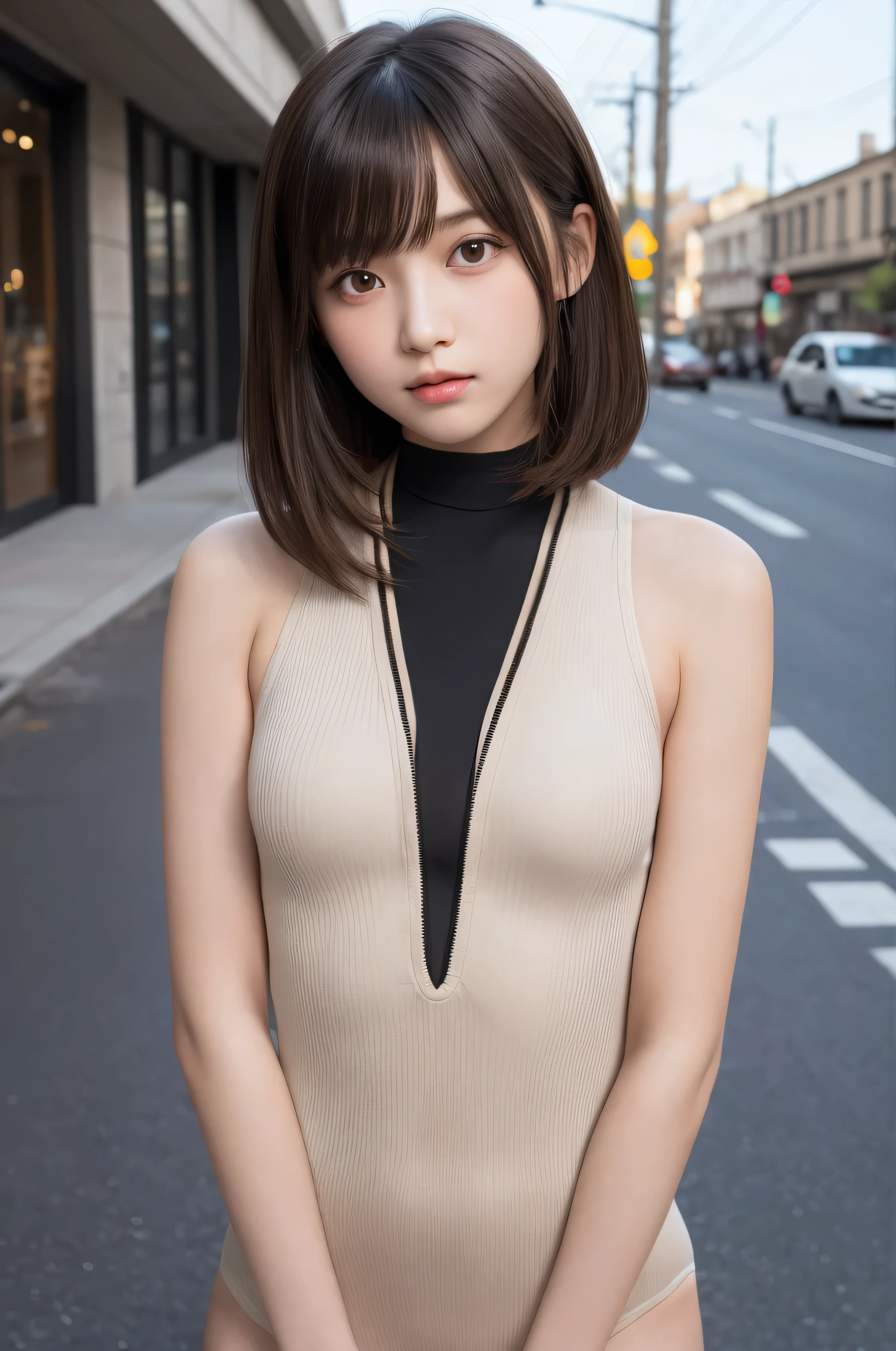 masterpiece, highest quality, one girl, (beautiful girl, delicate girl:1.3), (13 years old:1.3), extremely fine-grained clarity, (symmetrical eyes:1.3), (Street view:1.2), (Tank top, black coarse mesh bodysuit, long sleeve:1.3), small breasts, brown eyes, parted bangs, brown hair, petit girl, (Eye and face details:1.0), (upper teeth, best smile:0.1), (get closer to the face, zoom in on the face, face focus:1.0)