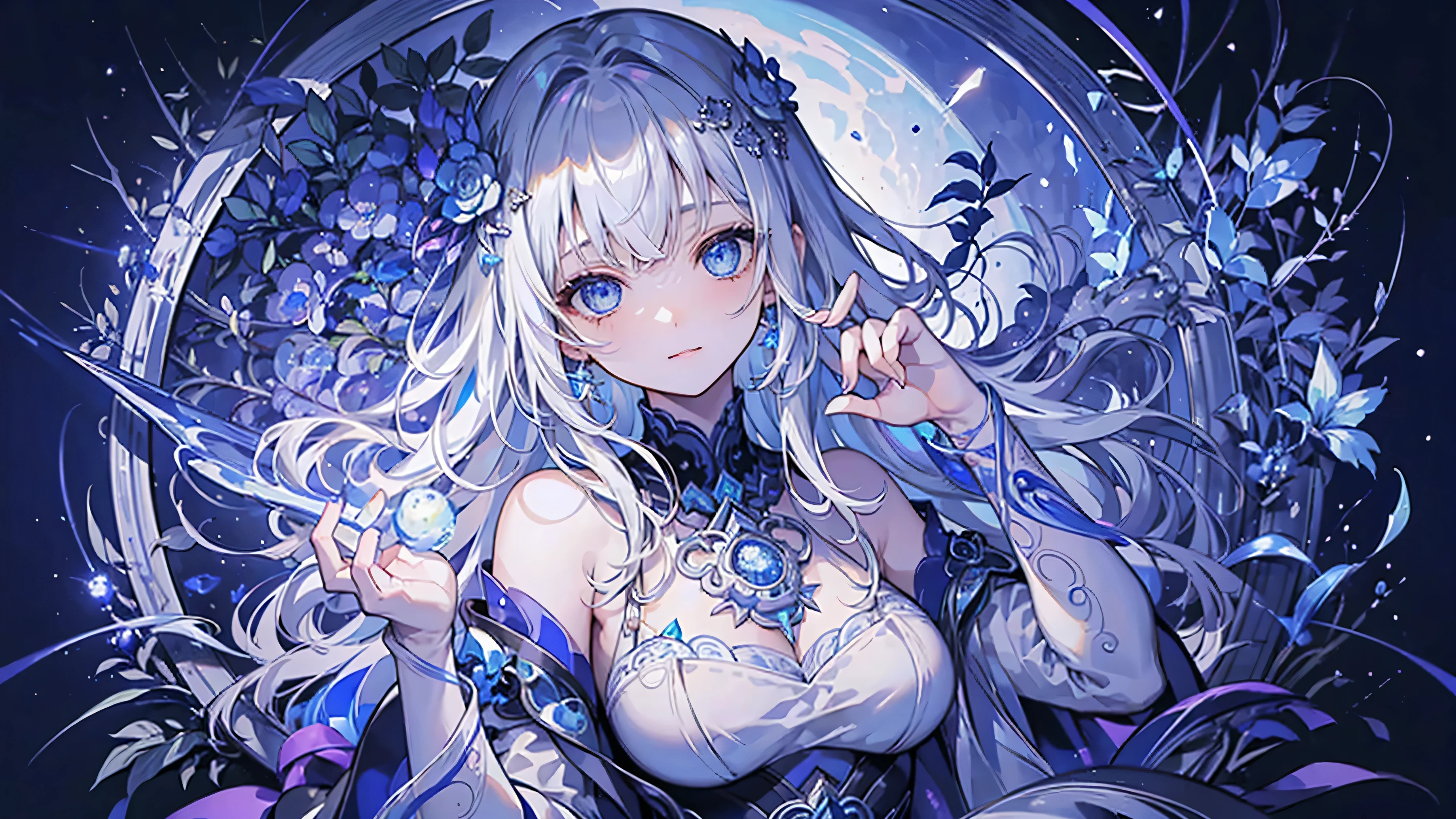 masterpiece: 1.7, Highest quality、(Extremely detailed CG、Ultra-detailed、Best Shadow:1.2)、独奏、Upper body、Picturesque、sketch、Paper Texture、Ultra-high resolution、Highly detailed face、Highly detailed eyes、Flat Color、Limited palette、Low contrast、Realistic、Best lighting、goddess、Mature Woman、Beautiful woman、Jewel Eyes、Gray Hair、Straight hair、blue gem、blue gemを両手に持つ、Smile a little、Well-formed hands、normal hand、blanche:1.3、(Tangled、And Mandalas、Tangle、Intertwined:1.1)、Background Stars、Fine Gemstones