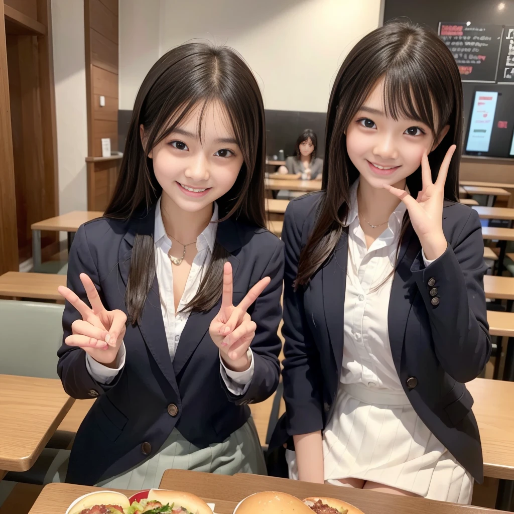 ((Highest quality, 8K, Masterpiece:1.3)), Couple, A confident smile, after school, restaurant, enjoy, talk, Using the peace sign, Short black hair, Brown eyes, skin is brown, student, uniform, slacks, skirt, indoor, hamburger, Very detailed face and skin texture, The fingers are very small.
