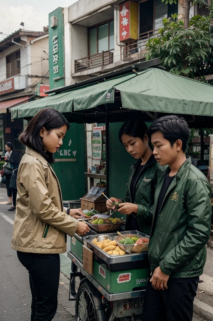 two Indonesian girls and boys wearing green jackets and black pants are buying food at a roadside vendor using food vendors as a backdrop, 3D animation
