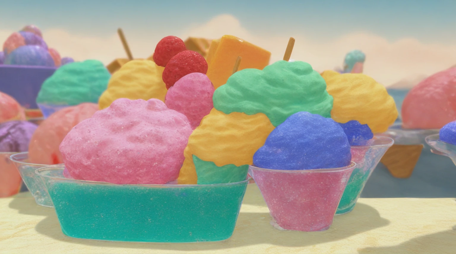 there are many different types of ice creams and desserts on the table, sea of parfait, cinema 4d colorful render, inspired by Pearl Frush, colorful vivid octane render, ice cream, mountains of ice cream, 3 d rendered in octane, colorful octane render, 3d rendered in octane, blender screenshot, pastel colourful 3 d, jelly - like texture