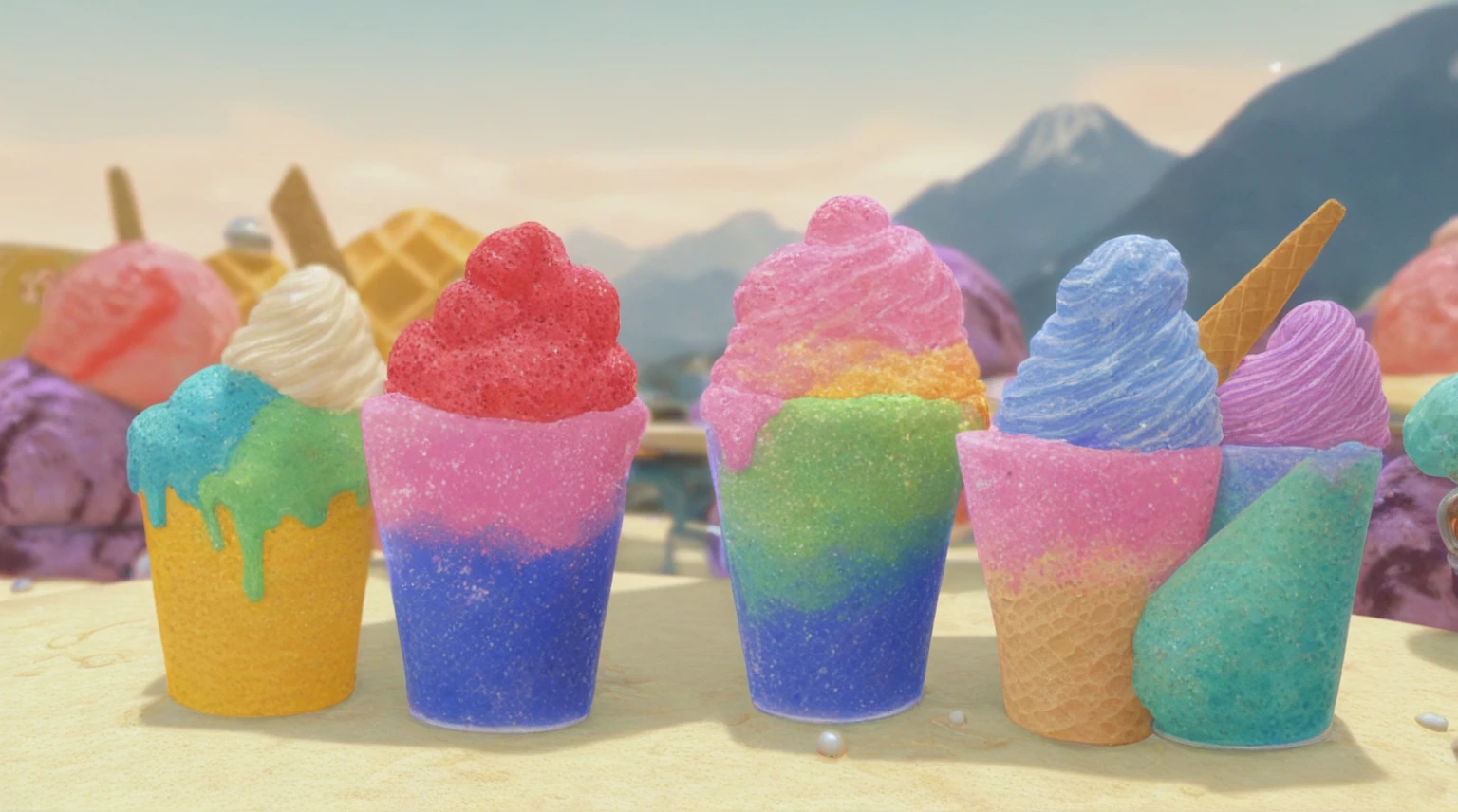 there are many different types of ice creams and desserts on the table, sea of parfait, cinema 4d colorful render, inspired by Pearl Frush, colorful vivid octane render, ice cream, mountains of ice cream, 3 d rendered in octane, colorful octane render, 3d rendered in octane, blender screenshot, pastel colourful 3 d, jelly - like texture