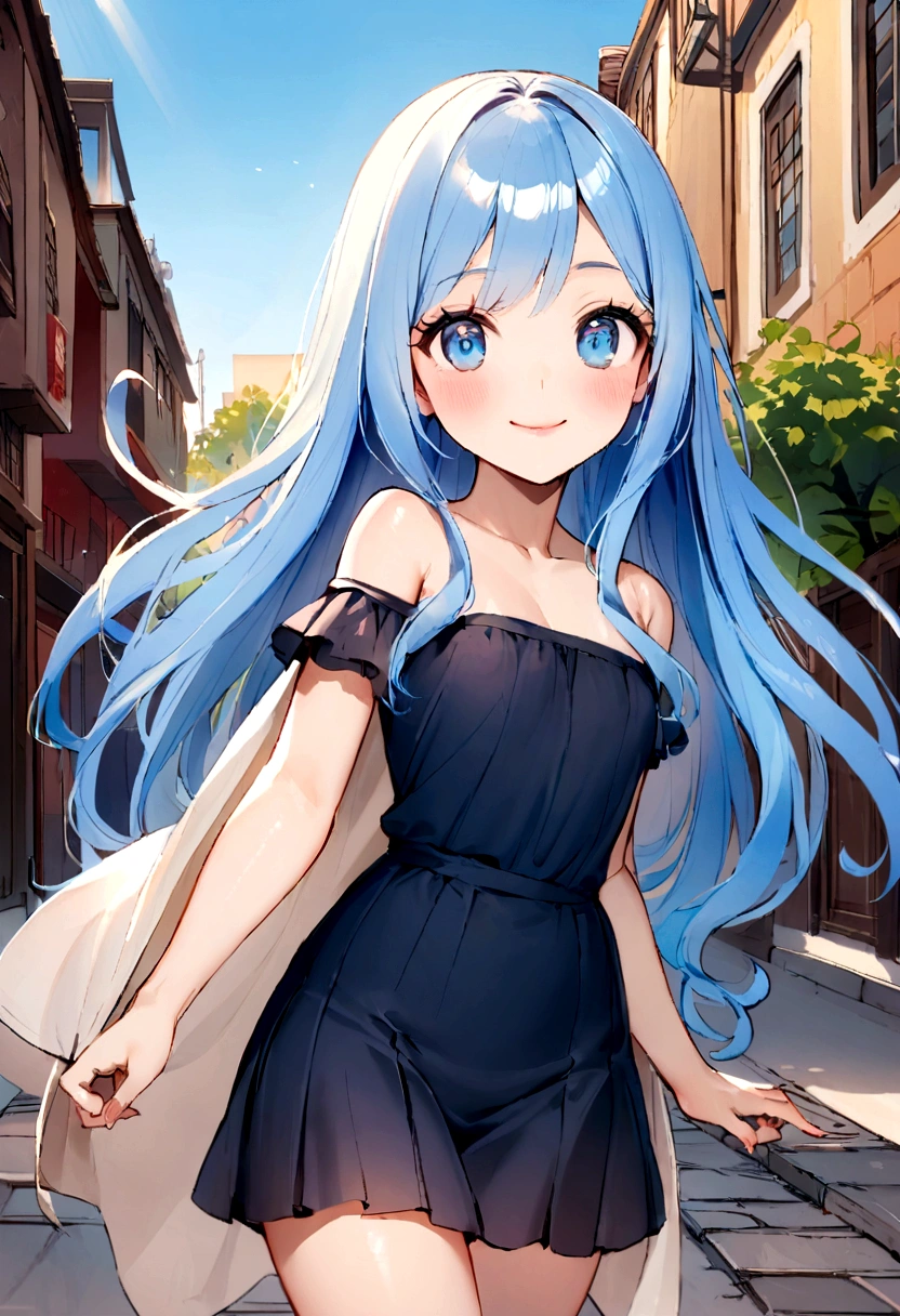 1 6 year old girl,,Child's large breasts,Back to camera,look back,Happy smile,Cute skin color,blue eyes,Blue Hair,curl、Semi-long hair,Flat Chest,Small breasts,Pretty pink lips,Wear an off-the-shoulder white shirt,A realistic illustration of her face,Realistic fingers,Attractive sketch,Smooth and shiny,Blurred,Super Blanket Style,Street background--ar 1:1--Rainbow 5--Stylistic Expressions--S 50,No makeup,Super cute even without makeup