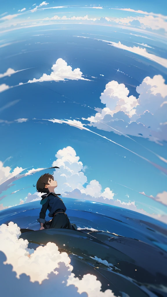 blue sky　A landscape with depth　cloud　Three-dimensional　Small person　Looking up at the sky　painful　universe　grow　anime　Shinkai Makoto