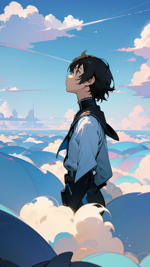 blue sky A landscape with depth cloud Three-dimensional Small person Looking up at the sky painful universe grow anime Shinkai Makoto