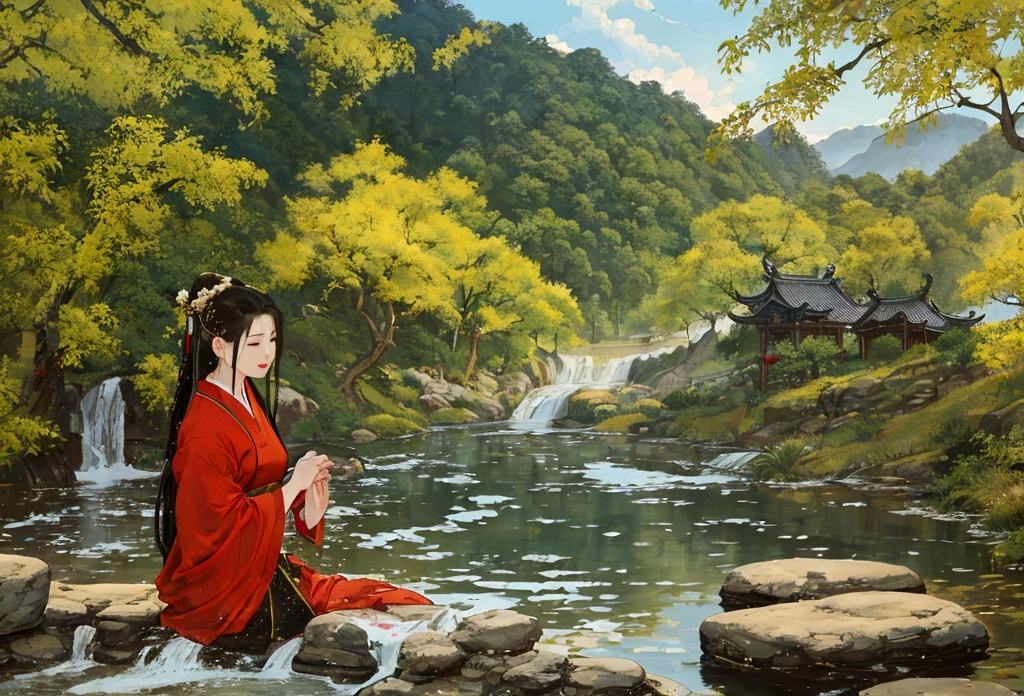 A rural landscape painting，The painting shows a woman washing clothes in the river, Oil on canvas, Gong Xian, traditional oil paintings, author：Ni Yuanlu, old asian village, Huang Guangjian, Chinese Village, China Village, author：Dong Yuan, Beautiful oil painting, high detailed oilpainting, author：Yang Borun, 4K 