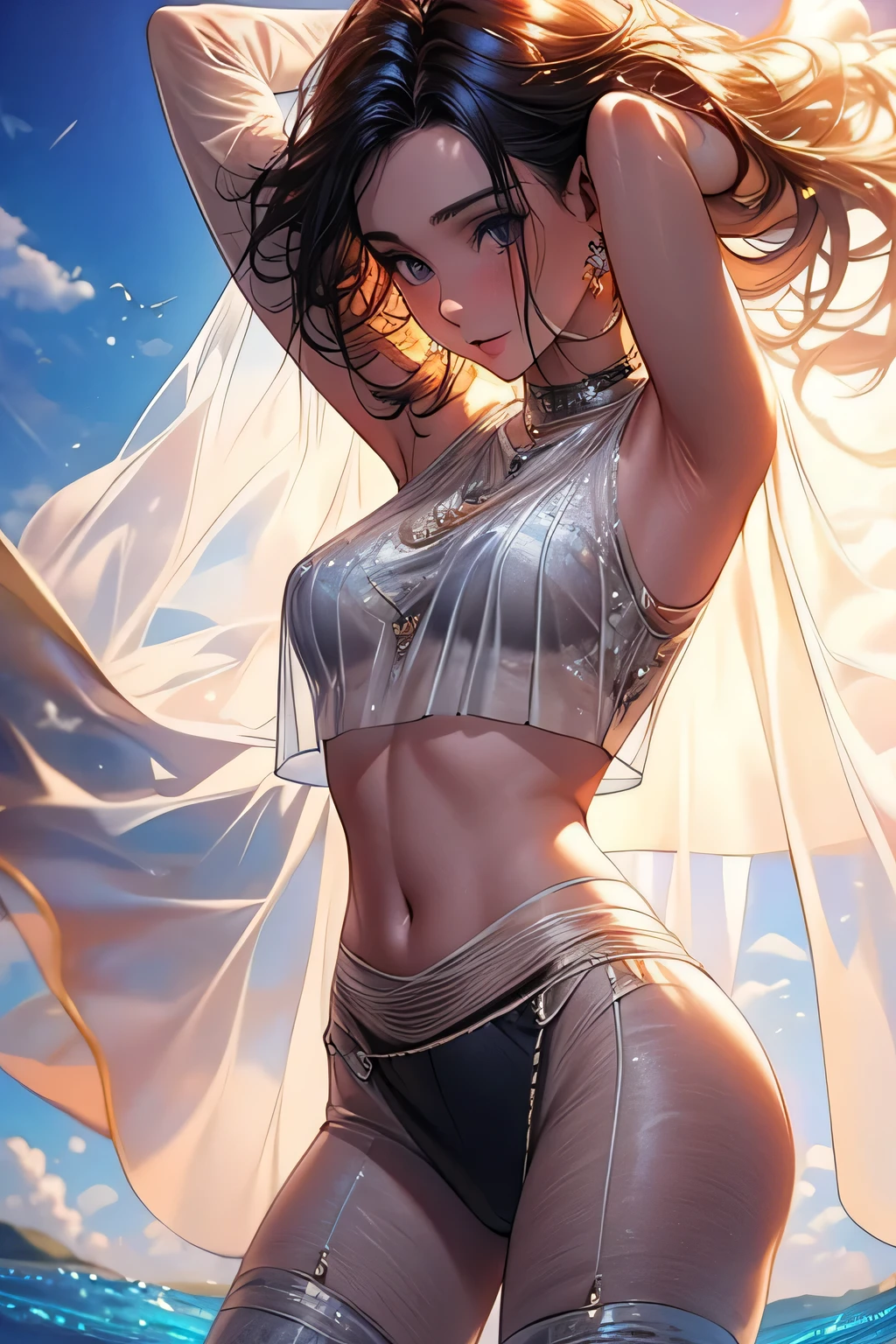 Masterpiece, Best Quality, Cinematic Photos, Digital Artwork Illustrations, Beautiful 22 Year Old Woman, Pale Skin, German, Dark Ginger Hair, medium Breasts, Bright Eyes, (((( ultra-thin see-through fabric)))), crop top, (pool party background), (8k, cinematic elements, photorealistic. , sharp focus), complex background, cinematic, rule of thirds, backlight, dslr, film grain, complex details,
