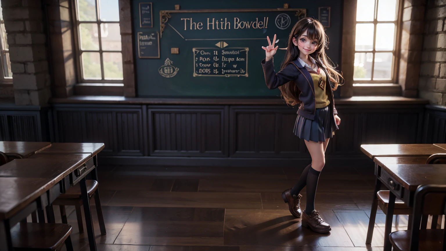 cute smiley bright face girl standing pose in harry potter classroom, harry potter classroom view
