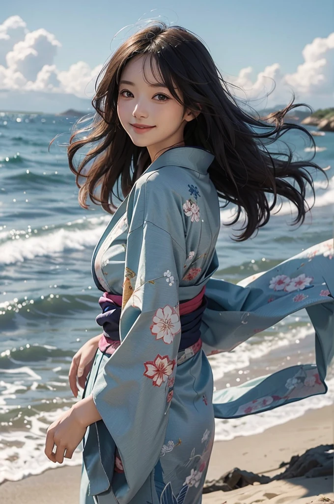 ビリーアイリッシュA beautiful woman wearing a wavy kimono is smiling on the beach under the summer sky, her hair blown by the wind