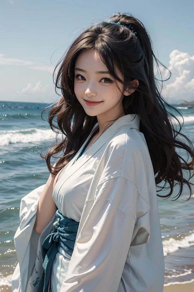 ビリーアイリッシュA beautiful woman wearing a wavy kimono is smiling on the beach under the summer sky, her hair blown by the wind