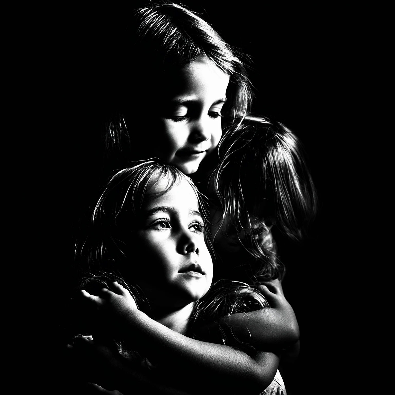 Deep love and friendship are like dots, ions that are affected by any action, as if they were cells of light energy in the range of intensity, color, effect, distance, emotional and sensory receptions in a spiritual mixing between feeling and electrical matter. holding hands between selfishness of childhood innocence and happiness girl of average age, approximately 15 years old, puts her hand to her chest, the innocence of childhood, weight of sadness, boy is near her, and his actions and selfishness in investing hurt her,it appears above her shadow, which is an indication of change in time and place, and it contains an image that indicates  progress of her words in age, as if she were  Literary object of light stuck at a point in space on event horizon