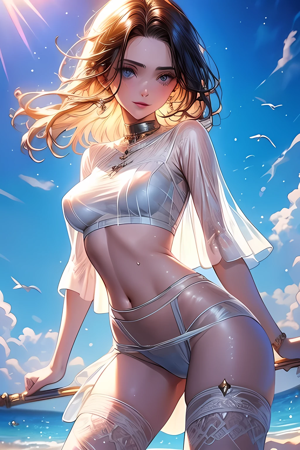 Masterpiece, Best Quality, Cinematic Photos, Digital Artwork Illustrations, Beautiful 22 Year Old Woman, Pale Skin, German, Dark Ginger Hair, medium Breasts, Bright Eyes, (((( ultra-thin see-through fabric)))), crop top, (pool party background), (8k, cinematic elements, photorealistic. , sharp focus), complex background, cinematic, rule of thirds, backlight, dslr, film grain, complex details,
