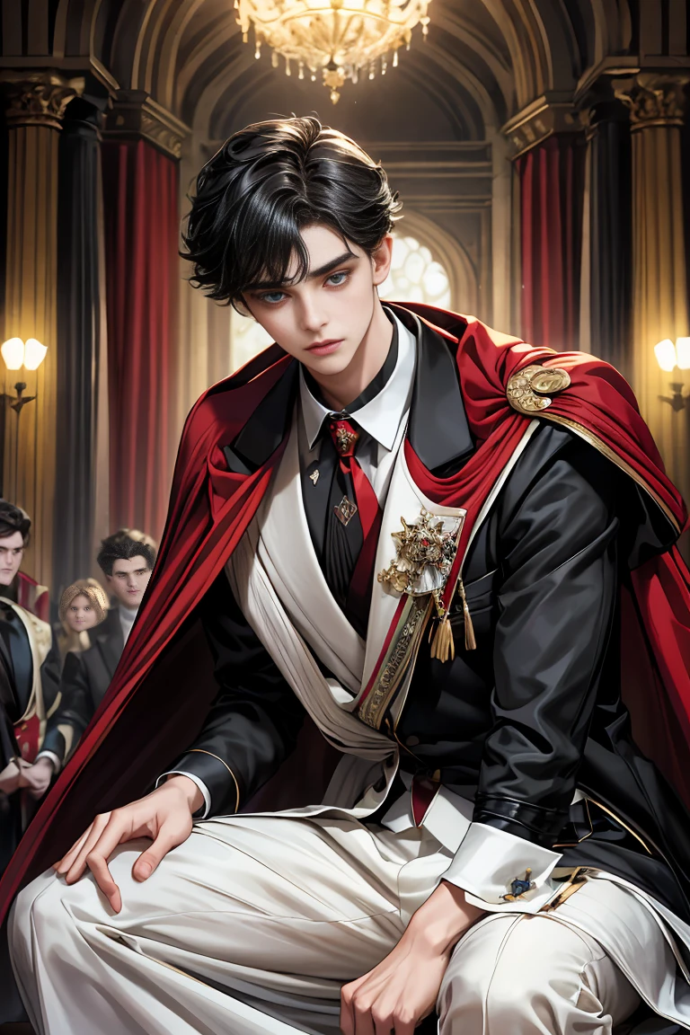 masterpiece, 最high quality, high quality, 1 boy, alone, Male focus, Watching the audience, Messy black hair, Adorable big blue eyes, White people, Noble, Noble,Sexy voluminous black and red cape、Tuxedo、A very voluminous, large, very large, very large, long, long red and black cape with a high stand-up collar, reaching down to the floor, made of a lot of fabric., 17 years old,Cute beautiful boys,Cute, cute, kind, handsome guy