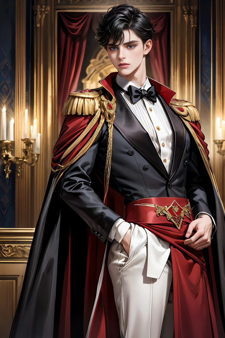 masterpiece, 最high quality, high quality, 1 boy, alone, Male focus, Watching the audience, Messy black hair, Adorable big blue eyes, White people, Noble, Noble,Sexy voluminous black and red cape、Tuxedo、A very voluminous, large, very large, very large, long, long red and black cape with a high stand-up collar, reaching down to the floor, made of a lot of fabric., 17 years old,Cute beautiful boys,Cute, cute, kind, handsome guy
