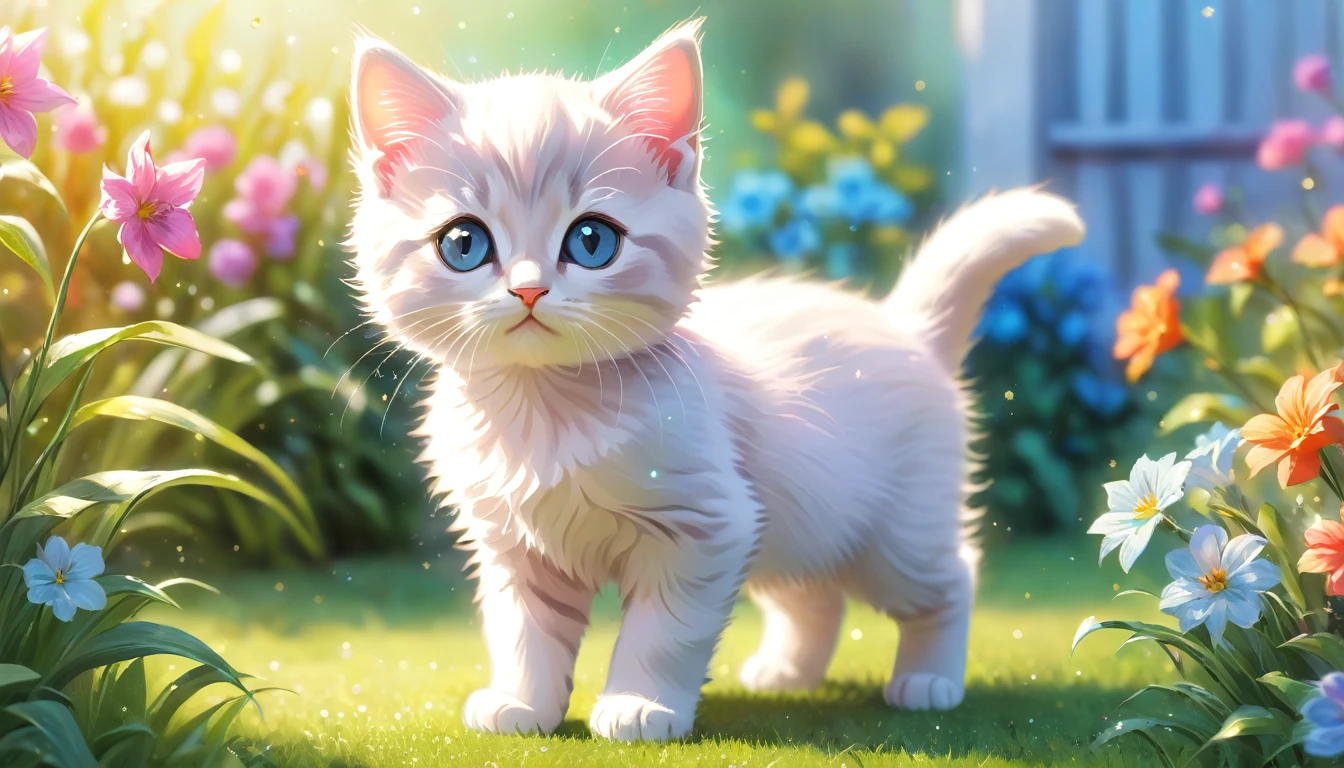 garden, Cute kitten,Blur the background,Glitter effect,Highest quality, 8K, High resolution, masterpiece:1.2, Very detailed, Realistic:1.37, High resolution, 超High resolution, Ultra-fine painting, Very detailed, Professional, Vibrant colors