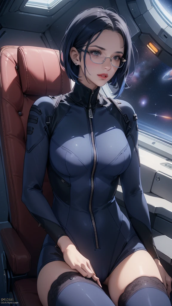 a beautiful young girl with short blue hair, a light smile, brown eyes, hair clips, lips, stud earrings, semi-rimless eyewear, wearing a glossy blue bodysuit, with a large buttocks and large breasts, (best quality,4K,8K,highres,masterpiece:1.2),ultra-detailed,(realistic,photorealistic,photo-realistic:1.37),highly detailed face, extremely detailed eyes and face, long eyelashes, beautiful detailed eyes, beautiful detailed lips, concept art, cinematic lighting, vibrant colors, hyper-realistic,((Navy blue bodysuit))(Glasses)((Inside the spaceship))((Sit on a chair and spread your legs))((