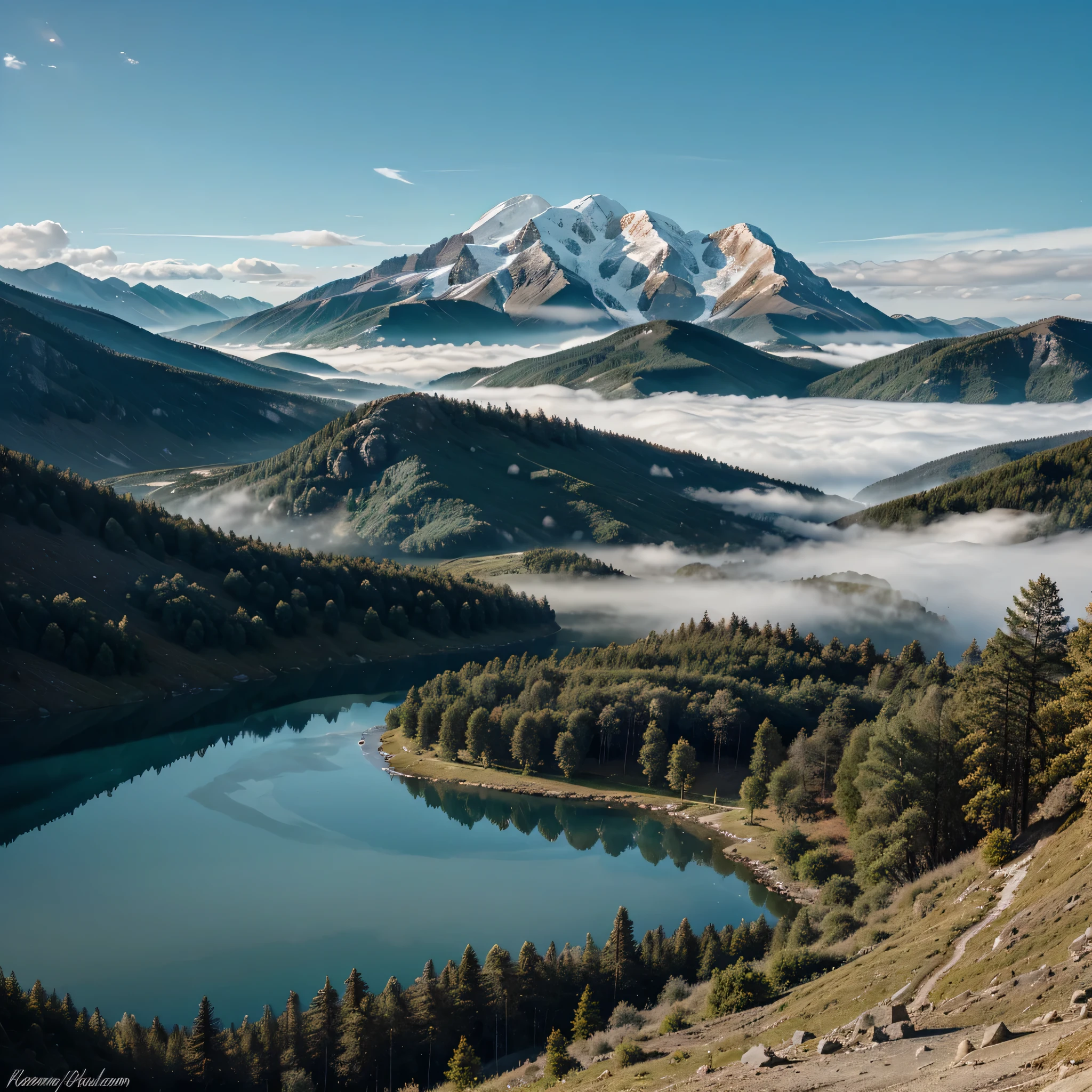 Mountains with sky with clouds in the teal orange background, a crystal-clear lake with trees, morning fog moving across the mountain and sky