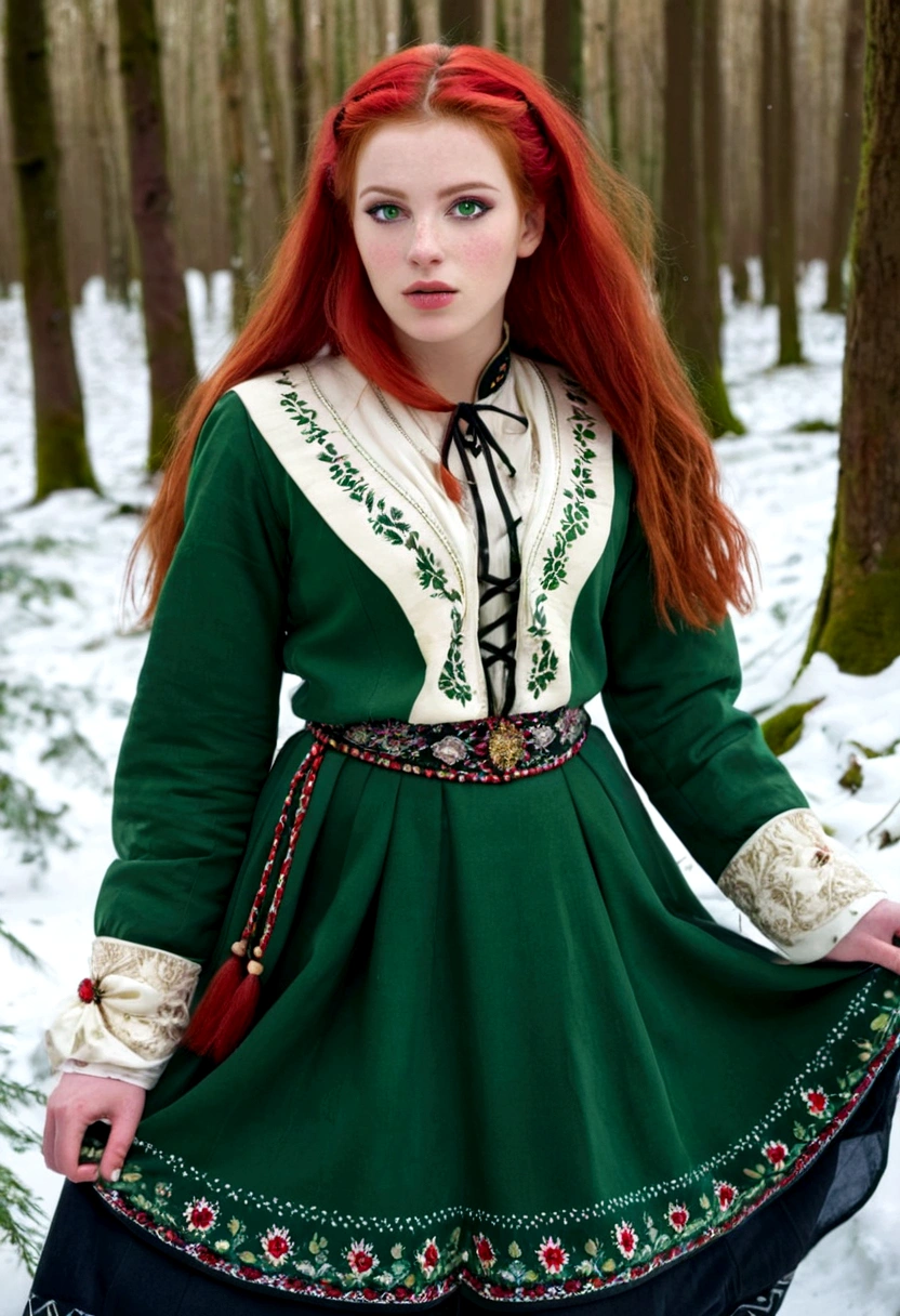 girl with red hair and white skin, and green eyes, wearing traditional European clothes in a snowy forest
