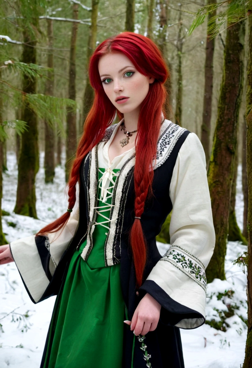 girl with red hair and white skin, and green eyes, wearing traditional European clothes in a snowy forest
