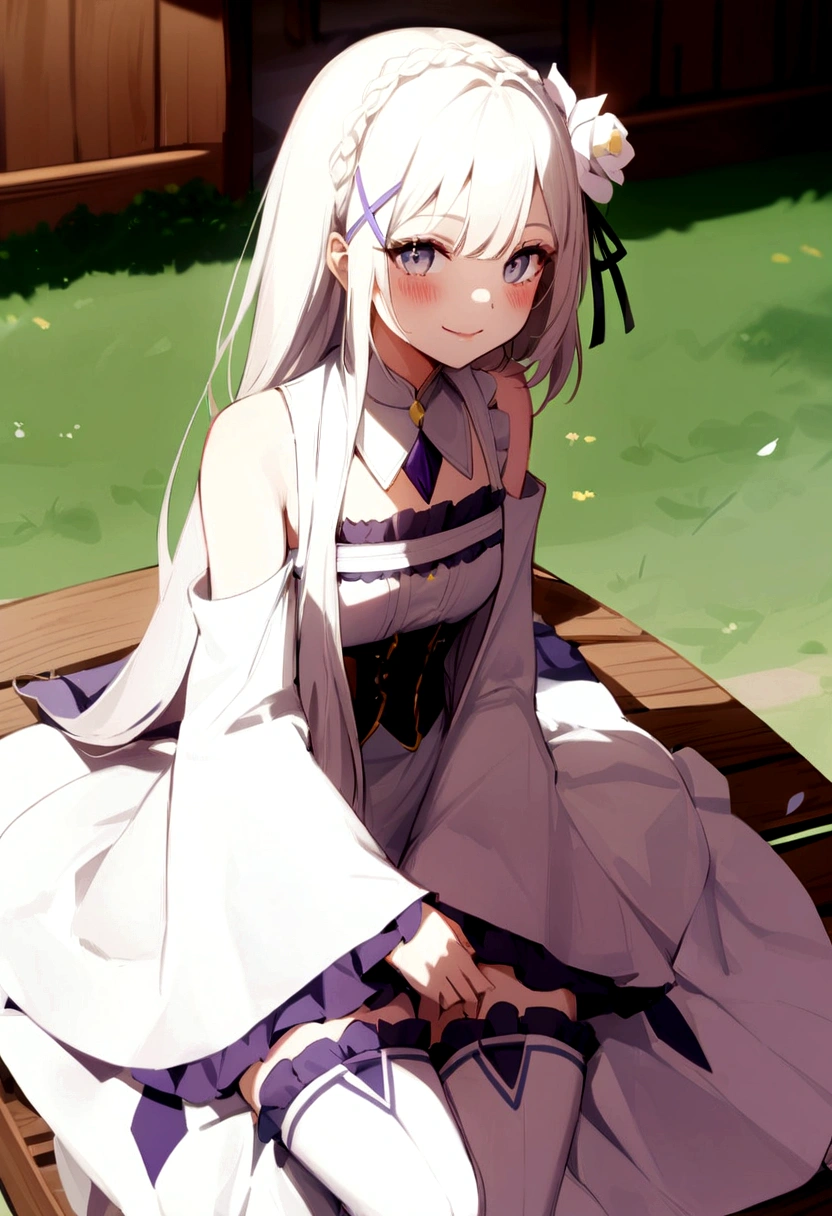 work of art, 1 girl, Emília, rhombus stripe, long hair, crown braid,
offwhite dress, highlighted collar, wide sleeves, x hair ornament, hair flower, hair ribbon, offwhite thigh boots, neckleace, purple ruffles, ruffle_offwhite_go out sitting on the bench, Garden, arms at side,
gazing at viewer, (ssmile:1.2), blush, From  above,