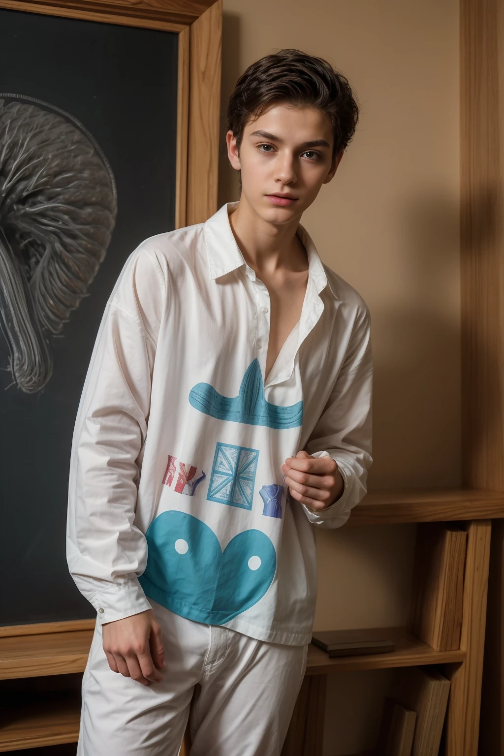 A beautiful young male twink, cute, with black hair, a face with reddish make-up, wearing a bright white long-sleeved shirt and aqua blue pants. He is in his office, and behind him is a blackboard on which is written the shape of the brain and its anatomy, from which nuclear energy emerges, and in his hand is a paper sheet with manuscripts on it. The phrase “The Greatest Mind.”