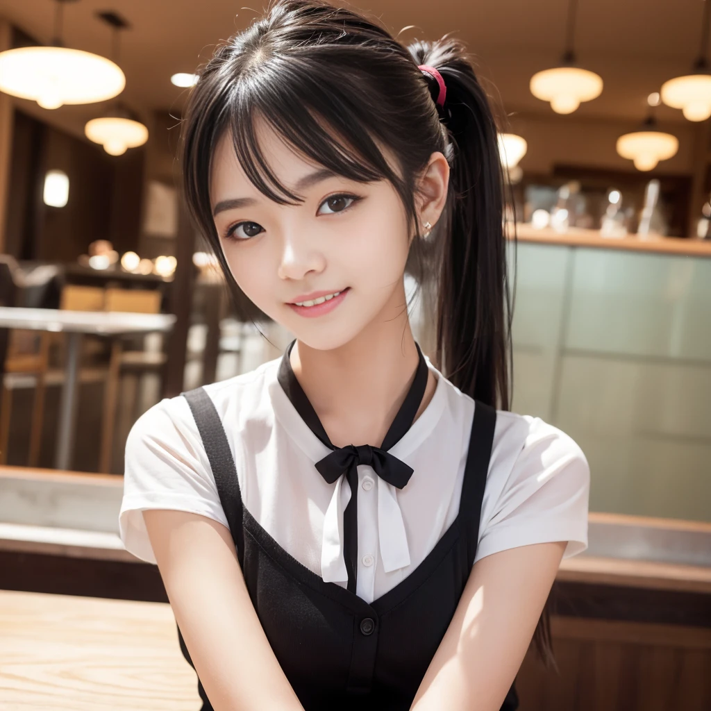 girl, Black Hair, sister, Tie her hair into a ponytail、smile, High-quality images, Tabletop, beautiful girl, Cafe,