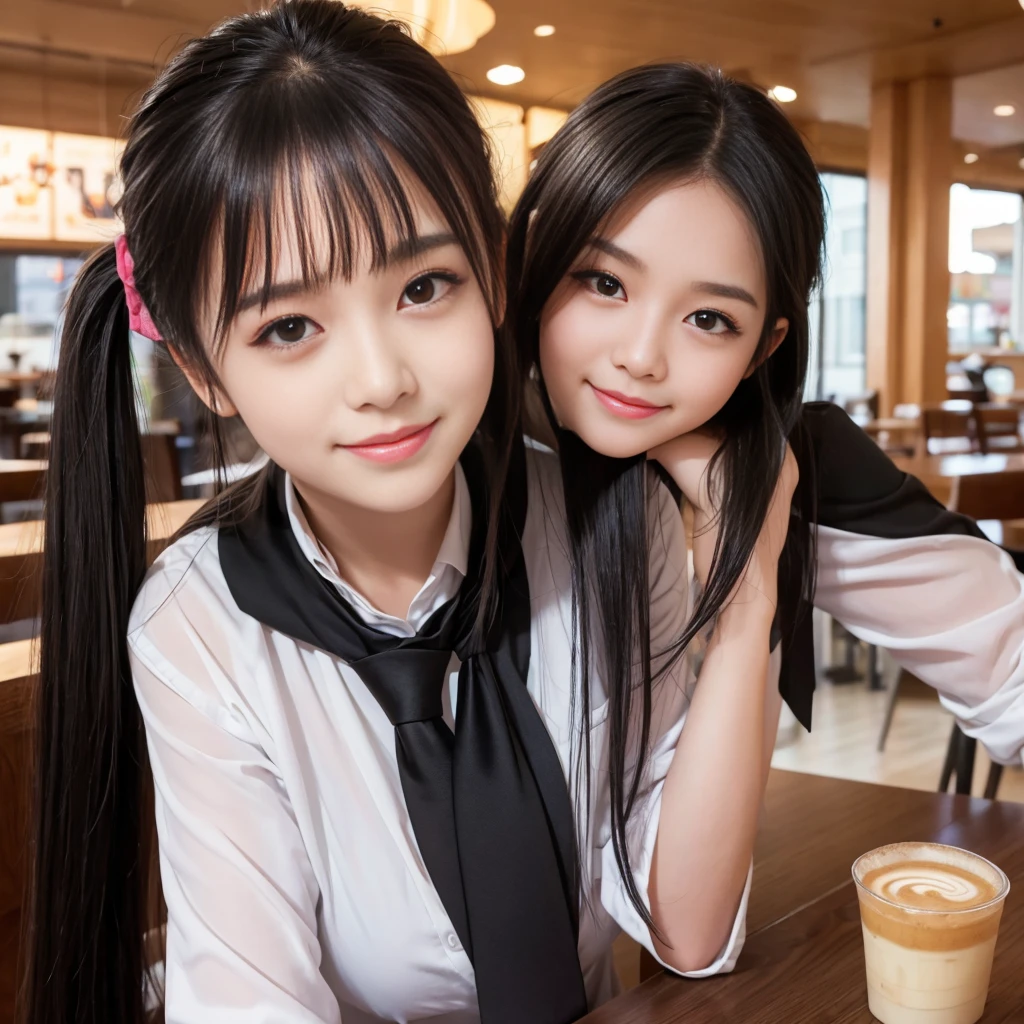 girl, Black Hair, sister, Tie her hair into a ponytail、smile, High-quality images, Tabletop, beautiful girl, Cafe,
