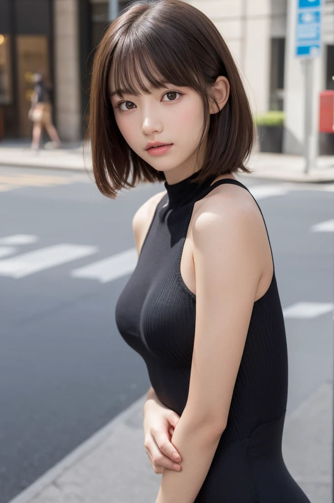 one girl, (a beauty girl, delicate girl:1.3), (:1.3), break, (Bodysuits:1.3), break, Very fine grain definition, (Symmetrical eyes:1.3), break, (Street view:1.3), break, Small breasts, Brown eyes, Parted bangs, Brown Hair, girl, break, (Eye and facial details:1.0), break, (masterpiece, Highest quality, Super detailed, Detailed face, 8K)
