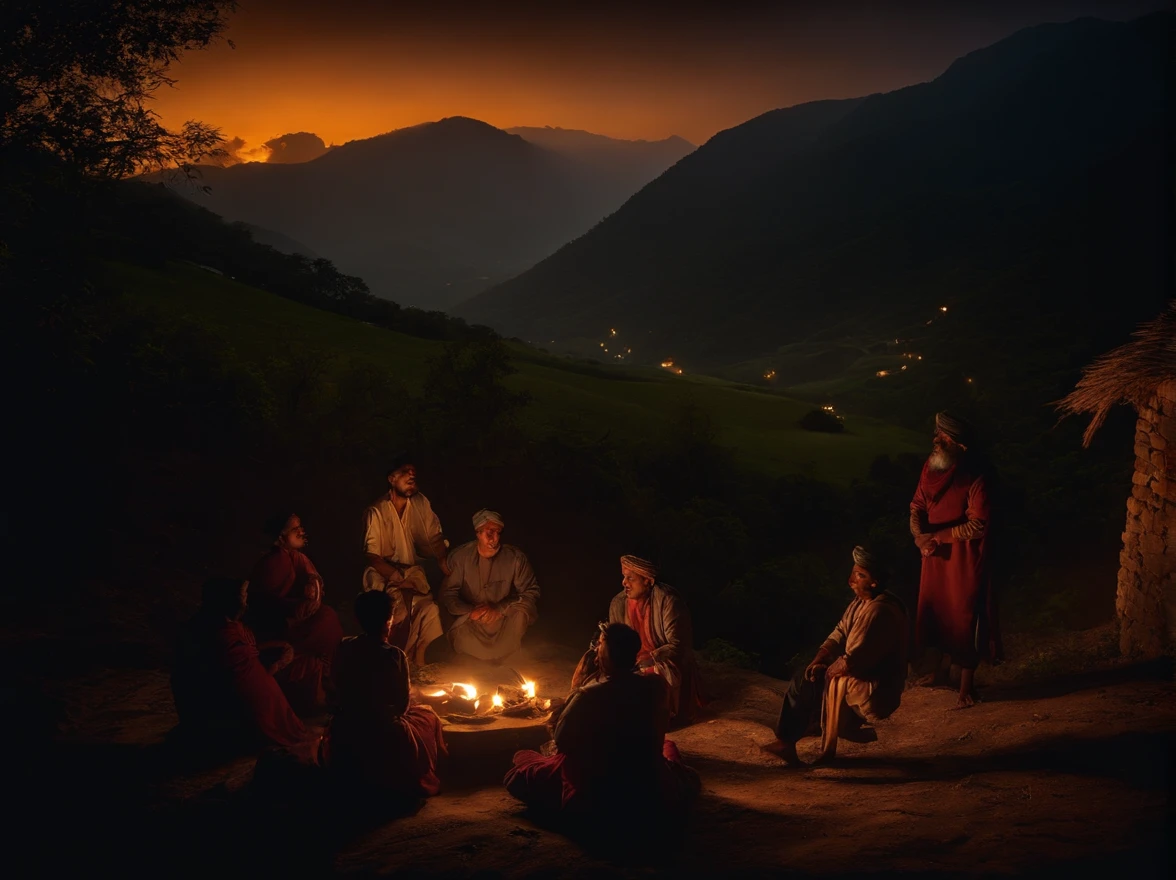 A man telling stories to villagers in a valley at night