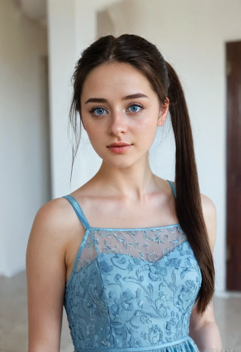 selfie face shot, 19 yrs old woman, 1.65m high, dark hair, ponytail, a strand of hair on the face, brown eyes, standing, sandals, blue dress, perfect face, (Kontakt Iris: 1.1), pale skin, some skin blemishes, several birthmarks, skin pores, low depth of field, soft light, low light, masterpiece, 8K, (Beautiful eyes with very delicate:1.3),(beautiful big clear eyes)