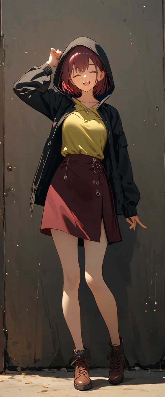 girl, burgundy short hair, ,closed eyes,slender body,small breasts,black hooded jacket,yellow green blouse,burgundy skirt,standing,facing viewer,contrapposto,full body, laughing