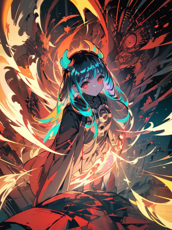A girl with demonic horns and incandescent blood red eyes, face slightly upwards and slightly to the left, serious face, long straight black hair, wearing a trench coat, black high-heeled boots, black wings drooping, blood red halo, hands in pockets, walking on a dark street between dark buildings, (ultra-realistic), {extremely detailed 8k CG unit wallpaper}, expansive landscape photography, (a centered view that prioritizes character and setting, (wide field view wide), (low angle shot), (high light: 0.5), (low light: 1.2), (warm light source: 1.4), complex details, (iridescent colors: 1.7), (bright lighting), (lighting atmospheric), surrealist, dreamy, photography