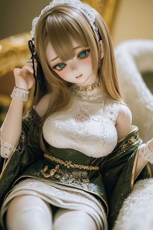 photorealistic, realistic photo, ((highest quality)), ((masterpiece)), detailed, kukolnydom, doll, (mature woman:1.6), solo, ((cowboy shot)), sitting on sofa, reclining on sofa, ((skinny, slender, slim)), green eyes, brown hair, parted lips, (looking down, blank eyes, empty eyes, detailed eyes:1.3), blouse, castle, 8k