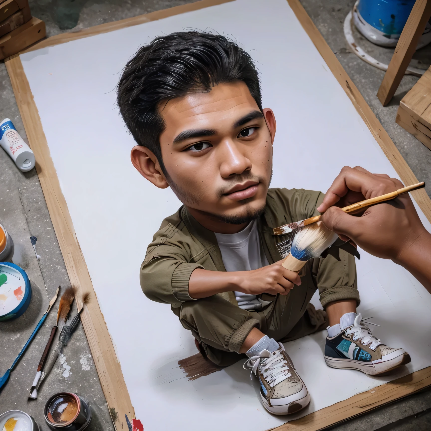 making art a hand holding a brush drawing a realistic 3D caricature of a large head of a 20yo handsome Indonesian man, clean face, wearing a t-shirt, jacket, cargo pants, sneakers, sitting position on the floor, painting on a canvas, sharp colors, uHD, 16K