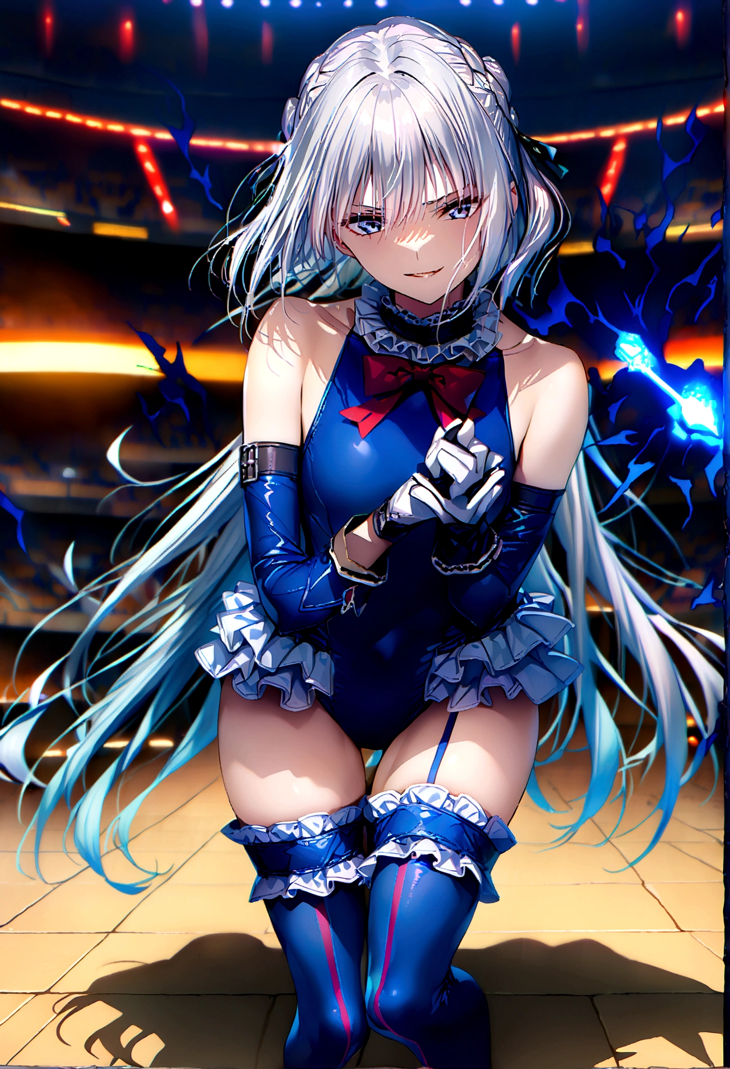 Sharp focus, 12k, ultra hi resolution picture, 1girl, full body,dark aura,evil smile, masterpiece, best quality, very aesthetic, absurdres, anime artwork, anime style, key visual, vibrant, Studio Anime, highly detailed,1girl,(Silver Hair:1.4),Very long hair,(Arena:1.4), frilled choker, red bowtie, blue one-piece swimsuit, frilled swimsuit, blue sleeves, detached sleeves, gloves, blue thighhighs, frilled thighhighs