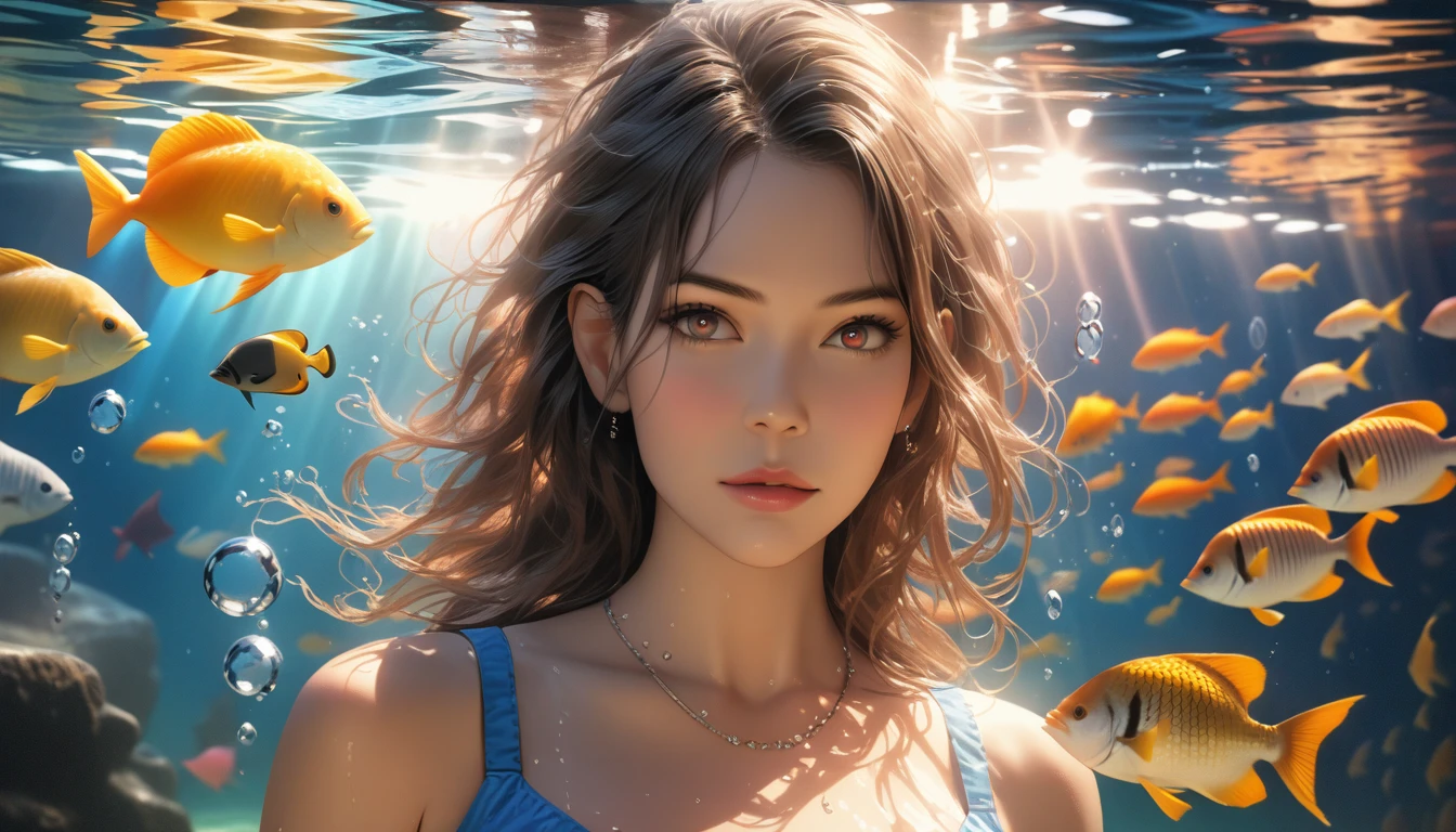 (best quality,4k,8k,highres,masterpiece:1.2),ultra-detailed,(realistic,photorealistic,photo-realistic:1.37),HDR,UHD,studio lighting,ultra-fine painting,sharp focus,physically-based rendering,extreme detail description,professional,vivid colors,bokeh, mermaid with long flowing blue hair, wearing a seashell bra, flowing skirt made of seaweed, swimming in a clear blue ocean, surrounded by colorful fish, beautiful detailed eyes,beautiful detailed lips,extremely detailed eyes and face,longeyelashes, underwater fantasy art style, vibrant aquatic colors, underwater lighting