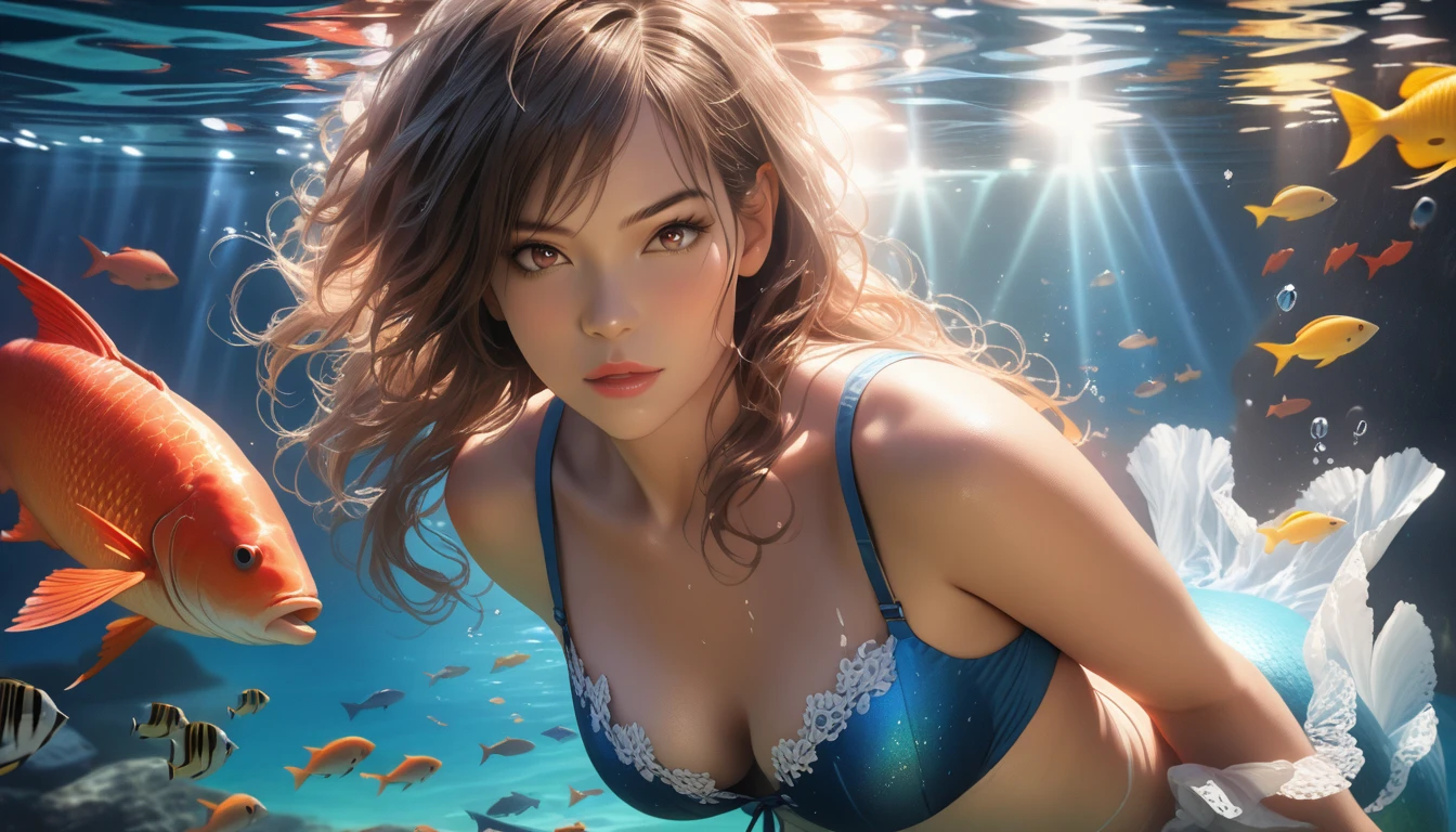 (best quality,4k,8k,highres,masterpiece:1.2),ultra-detailed,(realistic,photorealistic,photo-realistic:1.37),HDR,UHD,studio lighting,ultra-fine painting,sharp focus,physically-based rendering,extreme detail description,professional,vivid colors,bokeh, mermaid with long flowing blue hair, wearing a seashell bra, flowing skirt made of seaweed, swimming in a clear blue ocean, surrounded by colorful fish, beautiful detailed eyes,beautiful detailed lips,extremely detailed eyes and face,longeyelashes, underwater fantasy art style, vibrant aquatic colors, underwater lighting