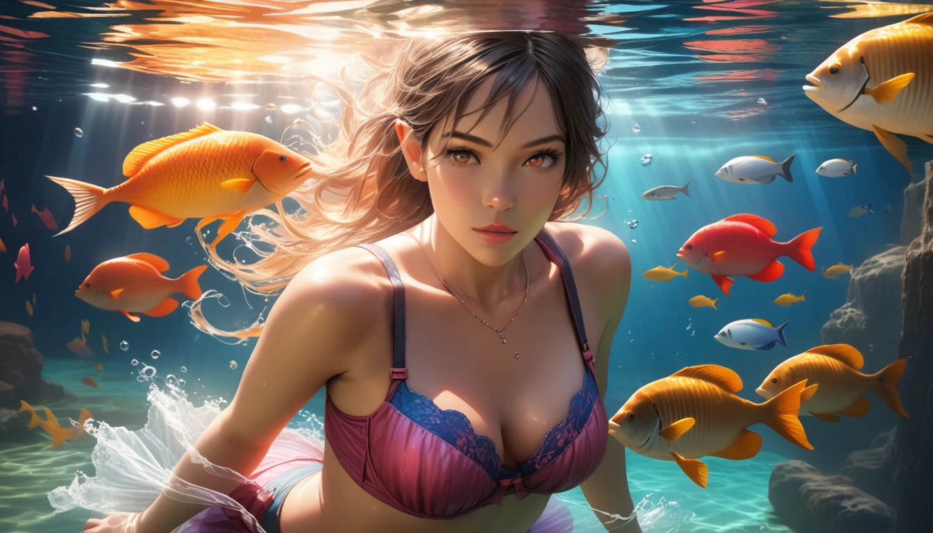(best quality,4k,8k,highres,masterpiece:1.2),ultra-detailed,(realistic,photorealistic,photo-realistic:1.37),HDR,UHD,studio lighting,ultra-fine painting,sharp focus,physically-based rendering,extreme detail description,professional,vivid colors,bokeh, mermaid with long flowing blue hair, wearing a seashell bra, flowing skirt made of seaweed, swimming in a clear blue ocean, surrounded by colorful fish, beautiful detailed eyes,beautiful detailed lips,extremely detailed eyes and face,longeyelashes, underwater fantasy art style, vibrant aquatic colors, underwater lighting