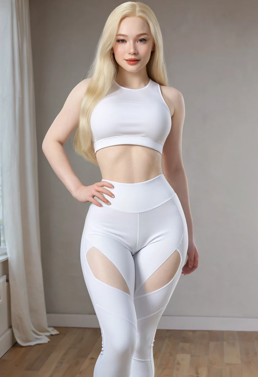 Extremely light albino woman, young, neoteny,adult, very long and straight light blonde hair, full body,angelical face, large rounded butt, thin waist, curved hips bare feet, hyper realistic, angelical face, hourglass body,slim, sexy body, big ass,in a room,welcoming, affectionate and kind personality,hourglass body, curves,white topper,white gym pants,ultra high quality,ultra hiper realistic