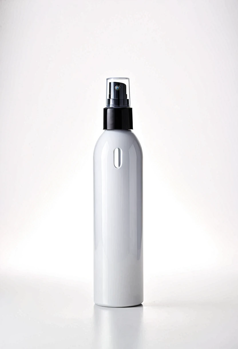 Mist spray bottle, black cap, opaque container, magazine, cosmetic, studio photo, real, white background, advertisement, Position in the middle of the picture