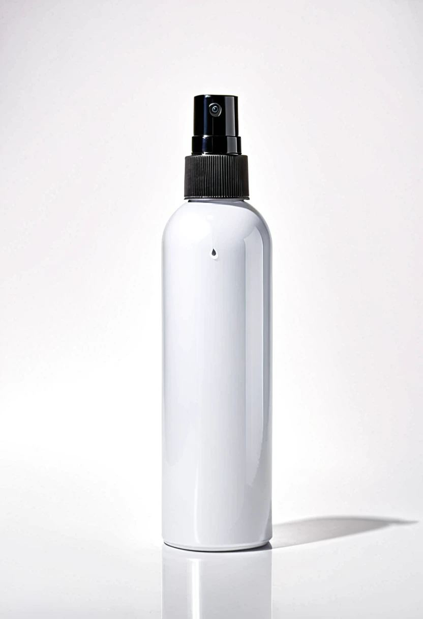 Mist spray bottle, black cap, opaque container, magazine, cosmetic, studio photo, real, white background, advertisement, Position in the middle of the picture