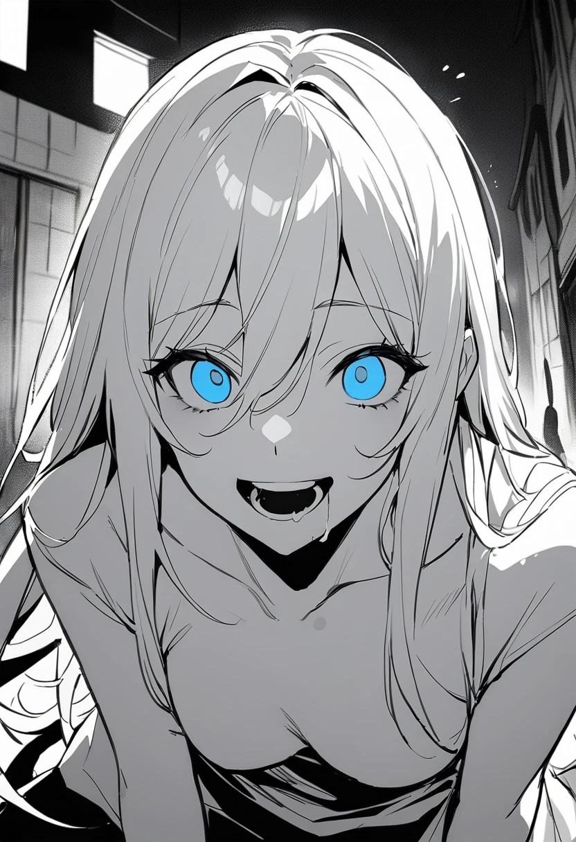(masterpiece:1.2)、Highest quality、PIXIV、Rebellious girl、One girl、Open your mouth、鋭いteeth、teeth、Long Hair、Street background、Bright blue eyes、Upper Body、smile、Focus on the viewer、Chest in the center、Shoulder Bare、Belly button、Black and white hair color,leaning forward,Night view,Black and white grey outfit,Overflowing drool、saliva、White Breath、Sigh,Pull your mouth with your fingers、An excited look、Long, narrow eyes,fallatio,monochrome