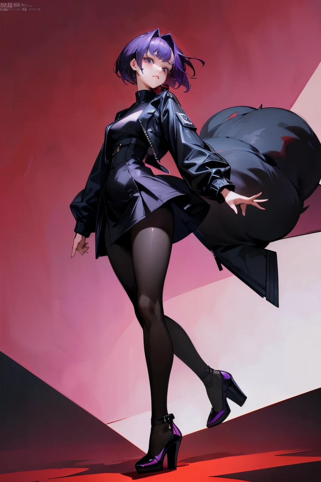 adult woman, 23 years old, short dark purple hair, mature expression, black bodycon dress, short black jacket, tights, platform heels, panda in the background