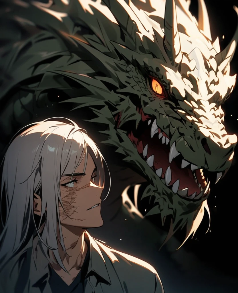 Human with long silver hair has scars on his face and has a good jaw line with a shadow of a dragon , warm , dark background