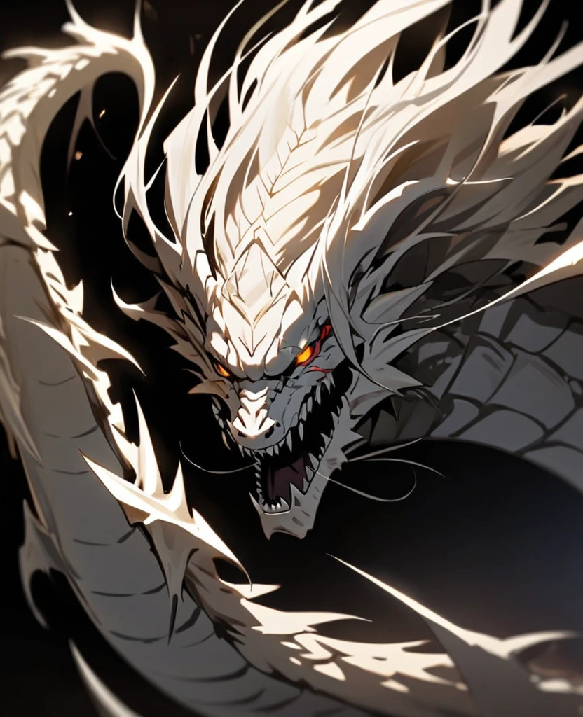 Human with long silver hair has scars on his face and has a good jaw line with a shadow of a dragon , warm , dark background