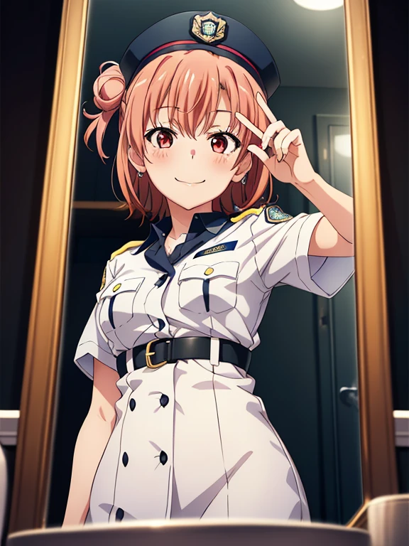((masutepiece, Best Quality, hight resolution, nffsw, Perfect Pixel, depth of fields, 4K, )), 1girl in, Solo, , Beautiful anime girl, Beautiful Art Style,
very low view angle:1.3, view from below:1.5, sky from below:1.5, bathroom background,
Perfect body, smile face:1.5 shot from below:1.4, finger on lips:1.5, selfie in mirror:1.5, police uniform:1.5,
Yuigahama Yui, Hair bun, short hair, medium breasts, police hat,
Full face blush, red face,
straight on:1.3, medium shot