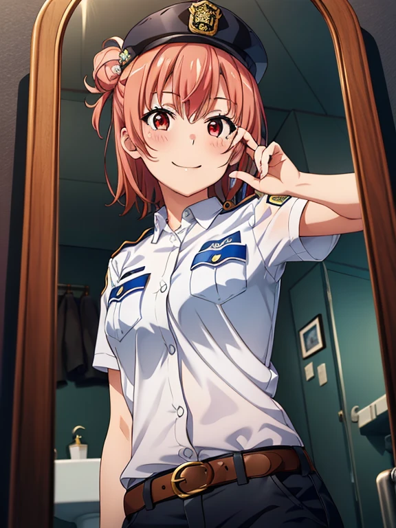 ((masutepiece, Best Quality, hight resolution, nffsw, Perfect Pixel, depth of fields, 4K, )), 1girl in, Solo, , Beautiful anime girl, Beautiful Art Style,
very low view angle:1.3, view from below:1.5, sky from below:1.5, bathroom background,
Perfect body, smile face:1.5 shot from below:1.4, finger on lips:1.5, selfie in mirror:1.5, police uniform:1.5,
Yuigahama Yui, Hair bun, short hair, medium breasts, police hat,
Full face blush, red face,
straight on:1.3, medium shot