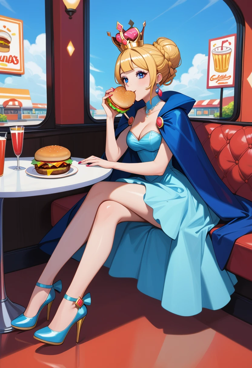 a picture of a royal queen eating  a juicy hamburger, royal queen, blond hair, in a bun, dynamic eye color, wearing a royal (crown:1.2). elegant crown, glamour crown, wearing elegant dress, royal dress, royal cloak, high fashion, wearing high heels, sitting in diner, eating a juicy hamburger, delicious hamburger, her (scepter: 1.1) is on the table  American diner background, she enjoys the hamburger, 